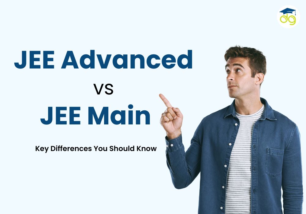 Infographic showing JEE Main vs JEE Advanced exam pattern, eligibility, and differences for IIT admission