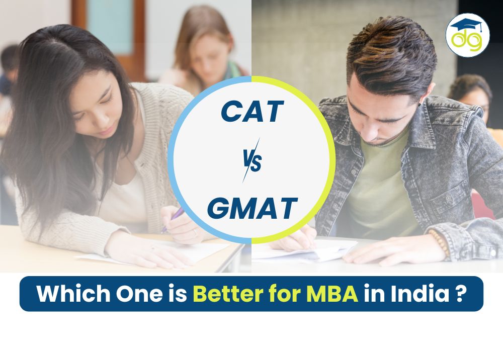Comparison chart showing CAT vs GMAT exam features, sections, difficulty level, and best colleges in India and abroad