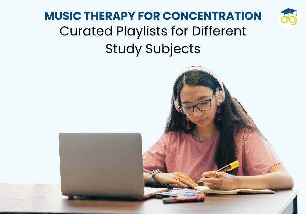 Student using music therapy headphones while studying with curated playlists for concentration