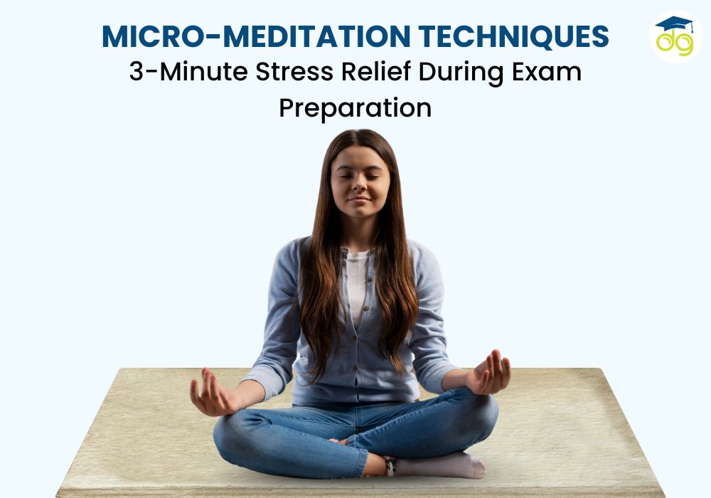 Student practicing 3-minute micro-meditation at desk to relieve exam stress