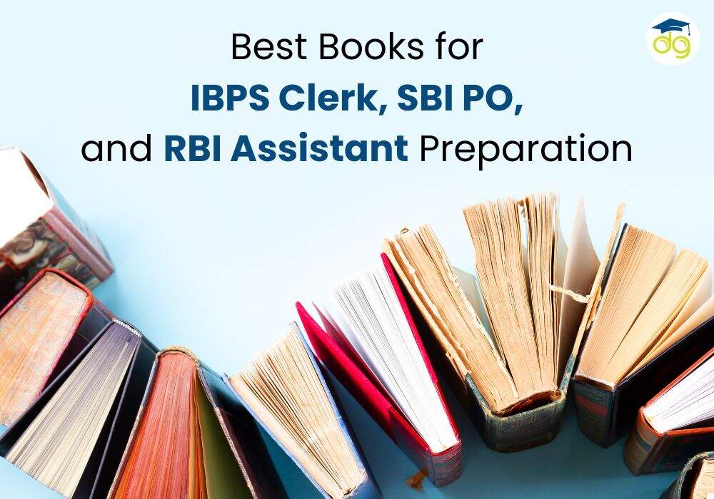 Stack of best books for IBPS Clerk, SBI PO, and RBI Assistant exam preparation on a study desk
