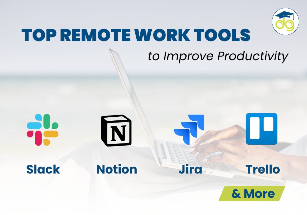 Remote team using productivity tools like Slack, Notion, Trello, and Zoom to collaborate and manage tasks efficiently from home