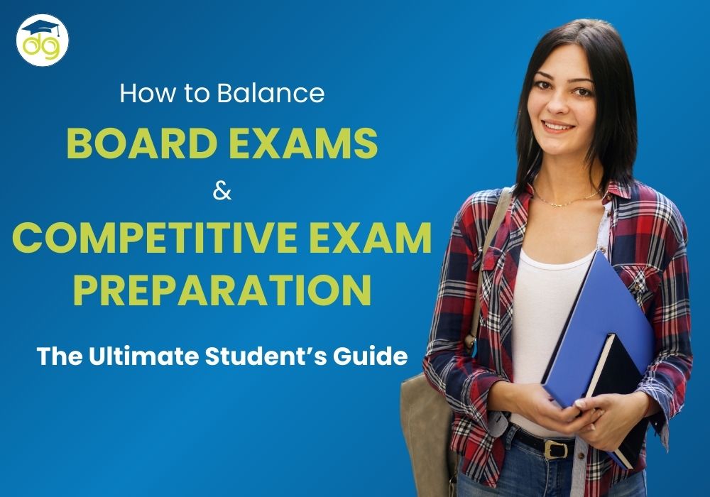Student preparing for both board and competitive exams like JEE, NEET, CUET, CLAT with books and mock test schedule