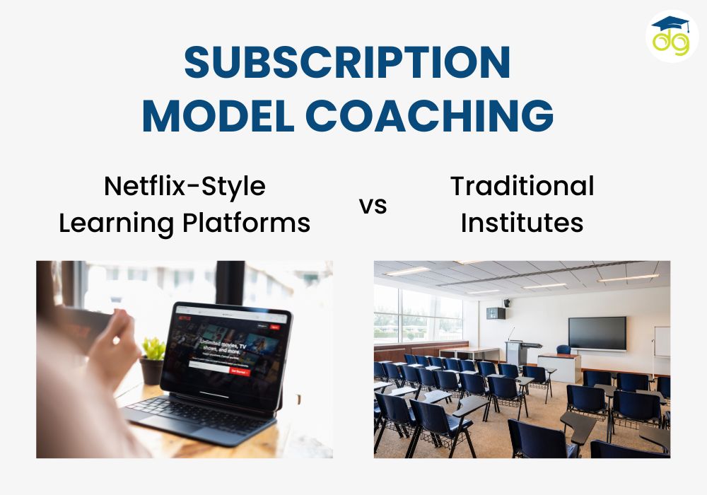 Student studying with laptop and books, balancing subscription-based online learning and traditional classroom coaching