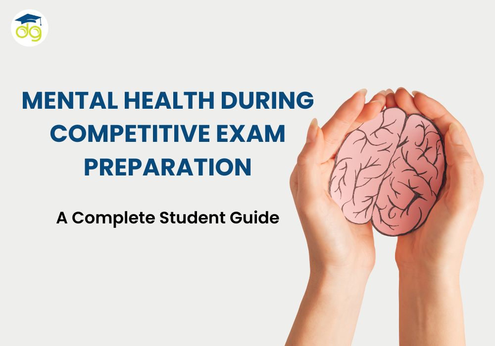 Student sitting with books and headphones, using meditation app during exam preparation to reduce stress and stay focused