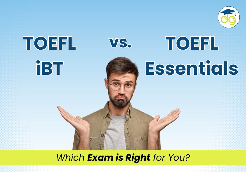 Student comparing TOEFL iBT and TOEFL Essentials test formats on laptop for university admission