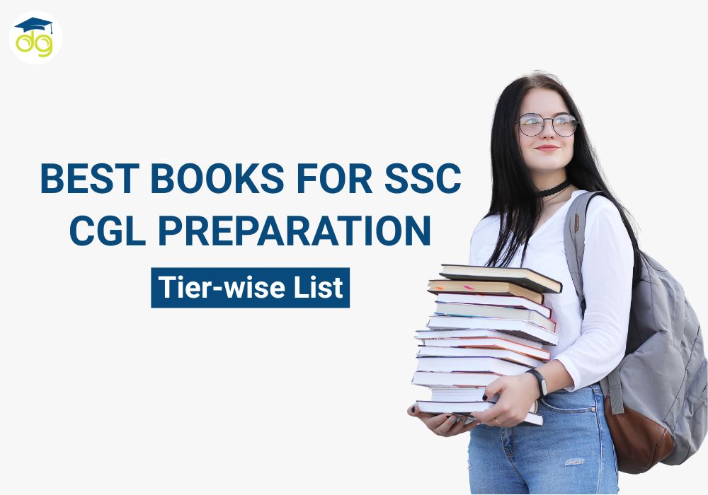 Stack of SSC CGL books with Tier 1 and Tier 2 preparation guides and mock tests for 2025 exam