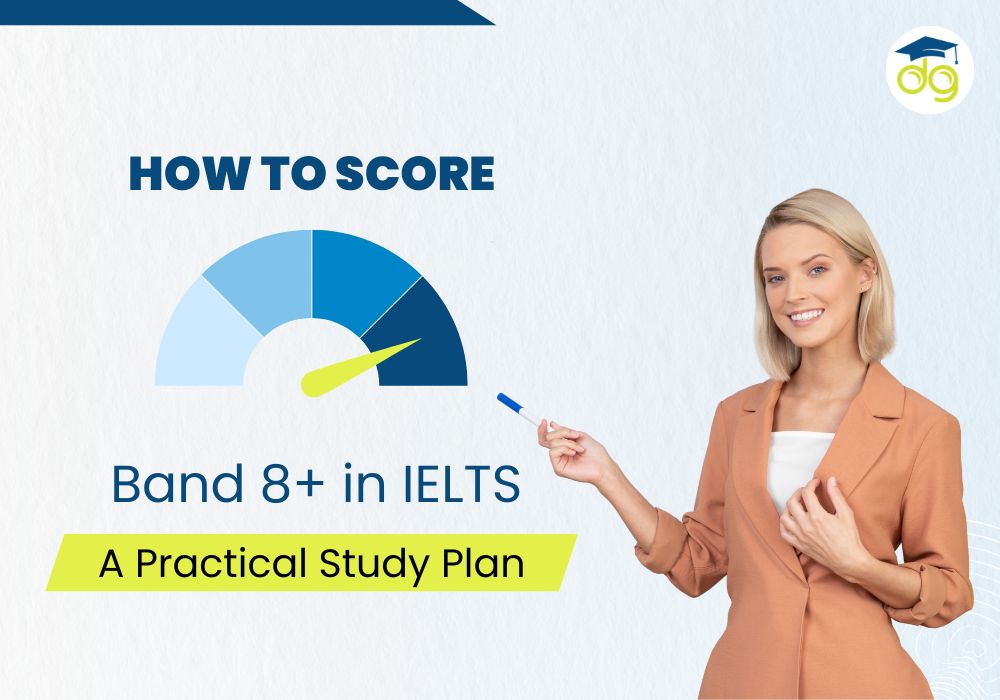 Student preparing for IELTS exam with books and laptop to achieve a Band 8+ score in listening, writing, speaking, and reading