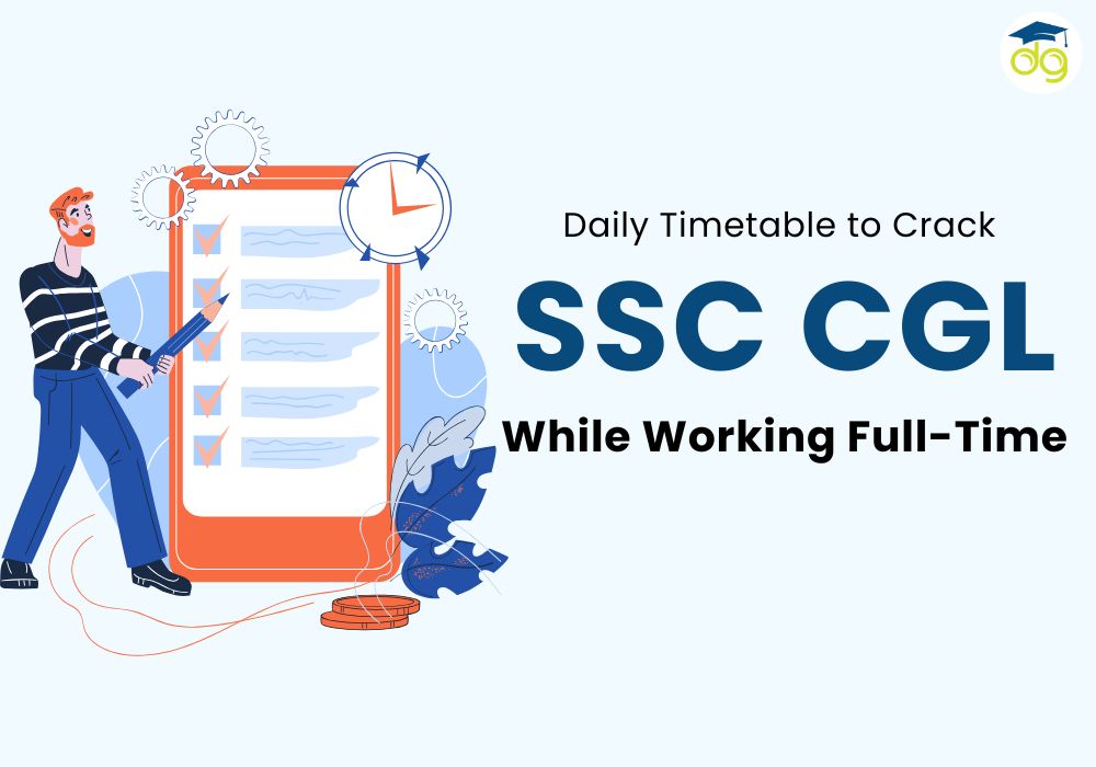 Working professional studying for SSC CGL exam with books, planner, and daily study timetable on desk